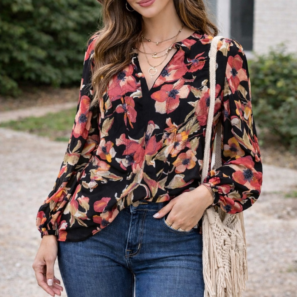 Free People Black and Red Floral Blouse
